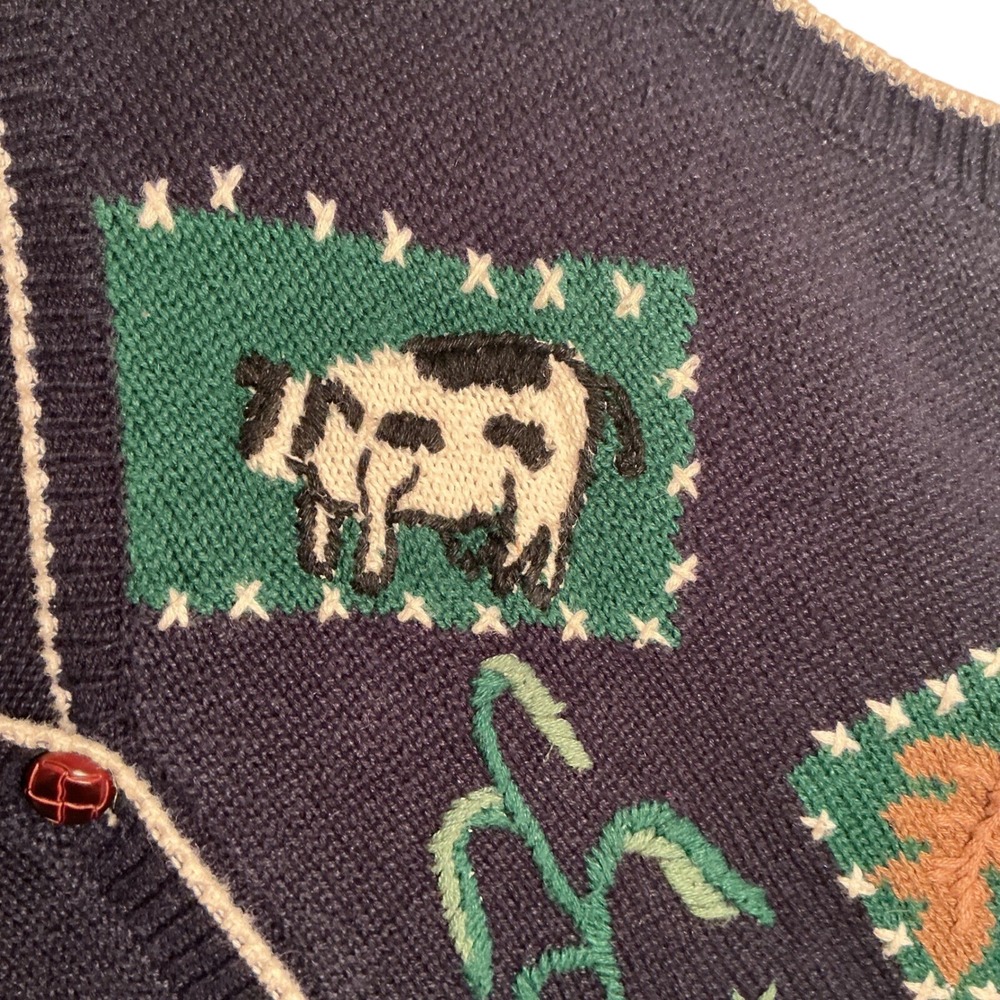 Capacity Woman Vintage Farm Animal Knit Sweater Vest Navy Blue 1X Hors Cow Sheep - Picture 4 of 9